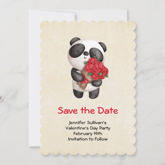 Cute Panda Beer met Bouquet van Rozen Save The Date (Voorkant)