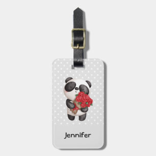 Cute Panda Beer met Rose Bouquet Bagagelabel