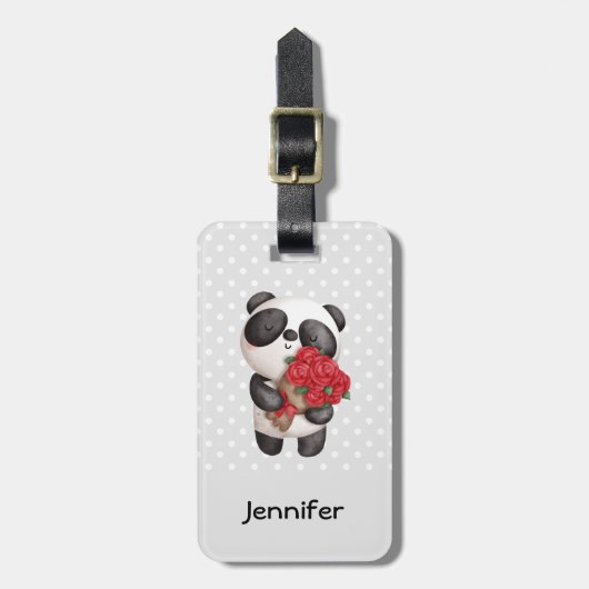 Cute Panda Beer met Rose Bouquet Bagagelabel (Voorkant verticaal)