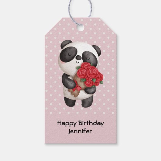Cute Panda Beer met Rose Bouquet Birthday Cadeaulabel (Voorkant)