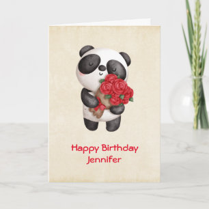 Cute Panda Beer met Rose Bouquet Birthday Kaart