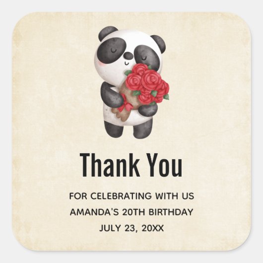 Cute Panda Beer met Rose Bouquet Birthday Vierkante Sticker (Voorkant)