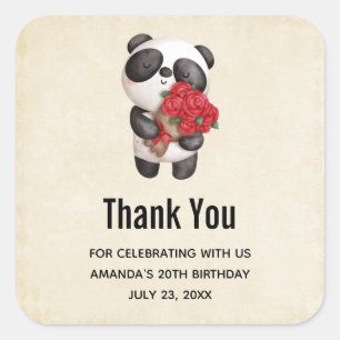 Cute Panda Beer met Rose Bouquet Birthday Vierkante Sticker