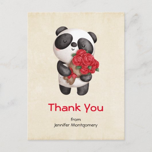 Cute Panda Beer met Rose Bouquet Dank je Briefkaart (Voorkant)