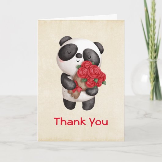 Cute Panda Beer met Rose Bouquet Dank je Kaart (Voorkant)