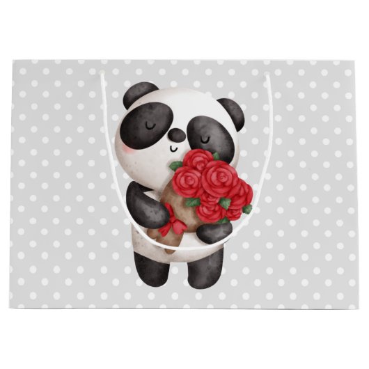 Cute Panda Beer met Rose Bouquet Groot Cadeauzakje (Voorkant)