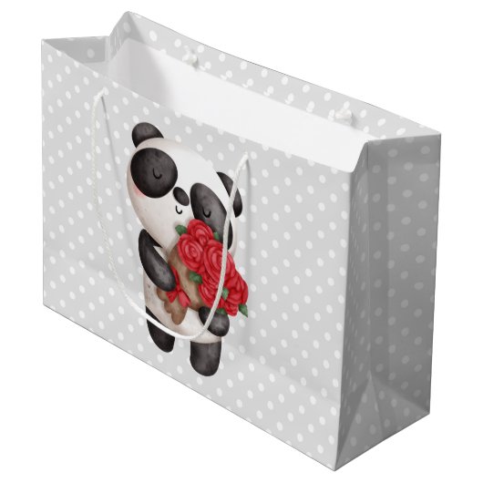 Cute Panda Beer met Rose Bouquet Groot Cadeauzakje (Voorkant Gekanteld)