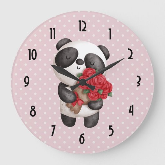 Cute Panda Beer met Rose Bouquet Grote Klok (Voorkant)