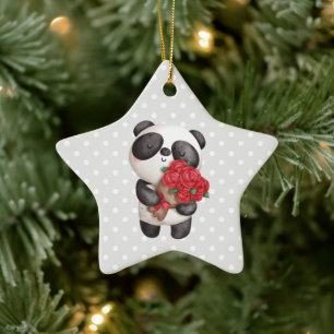 Cute Panda Beer met Rose Bouquet Keramisch Ornament