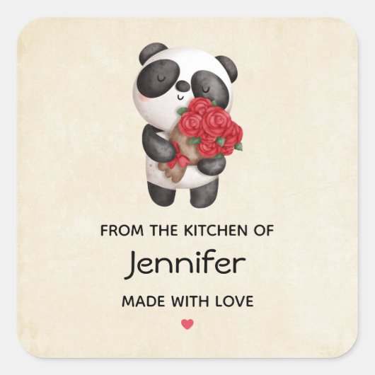 Cute Panda Beer met Rose Bouquet Kitchen Vierkante Sticker (Voorkant)