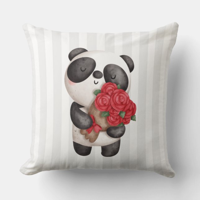 Cute Panda Beer met Rose Bouquet Kussen (Voorkant)