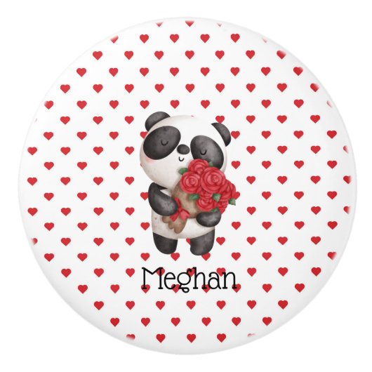Cute Panda Beer met Rose Bouquet Monogrammed Keramische Knop (Voorkant)