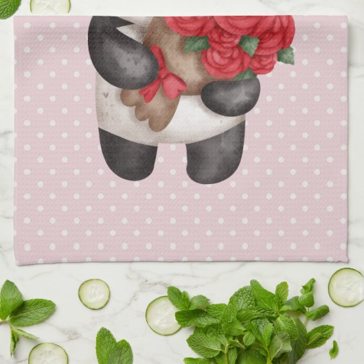 Cute Panda Beer met Rose Bouquet op Polka Dots Theedoek (Gevouwen)