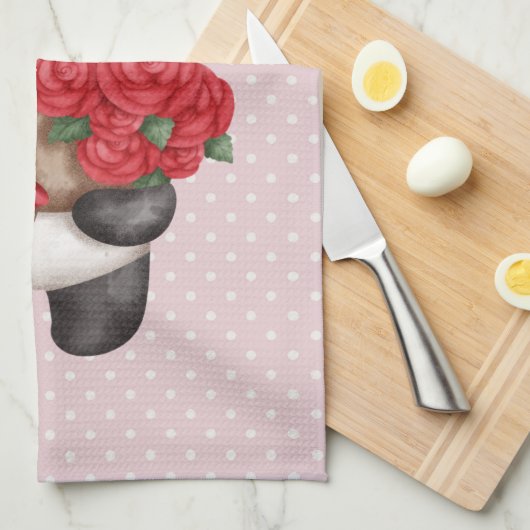 Cute Panda Beer met Rose Bouquet op Polka Dots Theedoek (Quarter Fold)