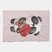 Cute Panda Beer met Rose Bouquet op Polka Dots Theedoek (Horizontaal)