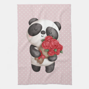 Cute Panda Beer met Rose Bouquet op Polka Dots Theedoek