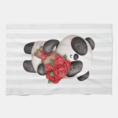 Cute Panda Beer met Rose Bouquet op Stripes Theedoek (Horizontaal)