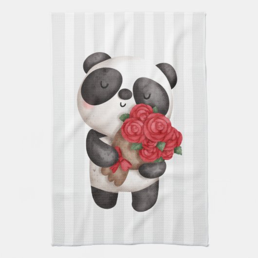 Cute Panda Beer met Rose Bouquet op Stripes Theedoek (Verticaal)