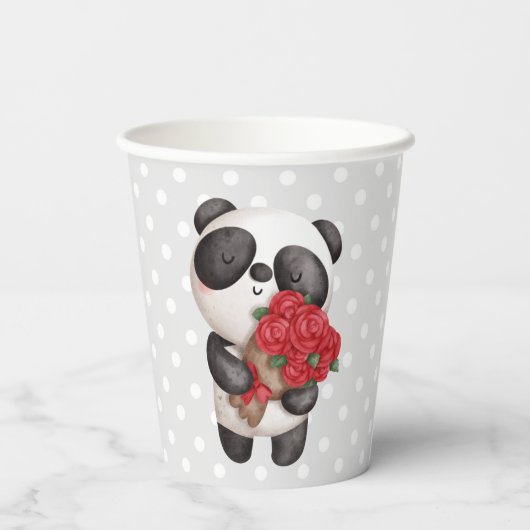Cute Panda Beer met Rose Bouquet Papieren Bekers (Achterkant)