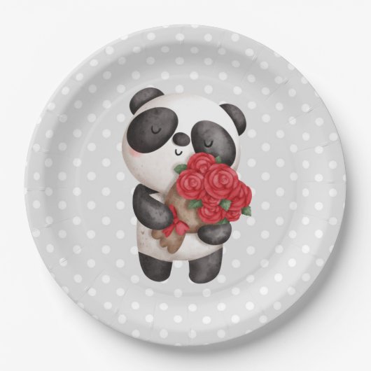 Cute Panda Beer met Rose Bouquet Papieren Bordje (Voorkant)
