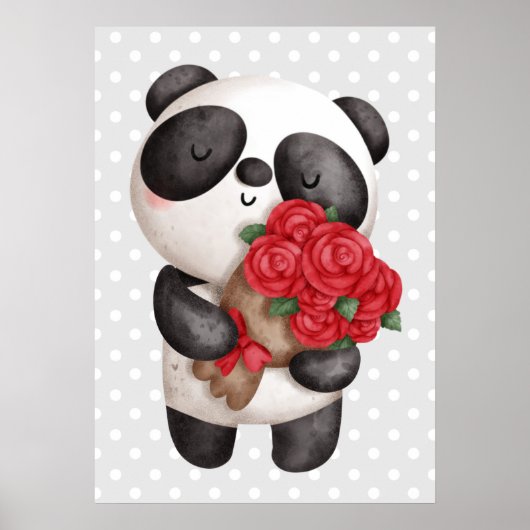 Cute Panda Beer met Rose Bouquet Poster (Voorkant)