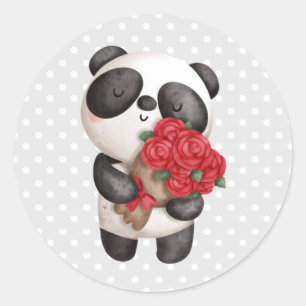 Cute Panda Beer met Rose Bouquet Ronde Sticker