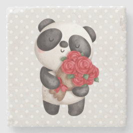 Cute Panda Beer met Rose Bouquet Stenen Onderzetter
