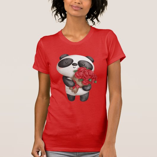 Cute Panda Beer met Rose Bouquet T-shirt (Voorkant)