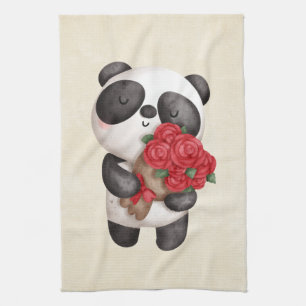Cute Panda Beer met Rose Bouquet Theedoek