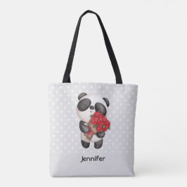 Cute Panda Beer met Rose Bouquet Tote Bag