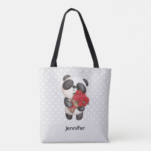 Cute Panda Beer met Rose Bouquet Tote Bag