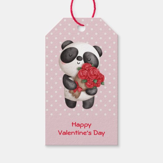 Cute Panda Beer met Rose Bouquet Valentijns Cadeaulabel (Voorkant)