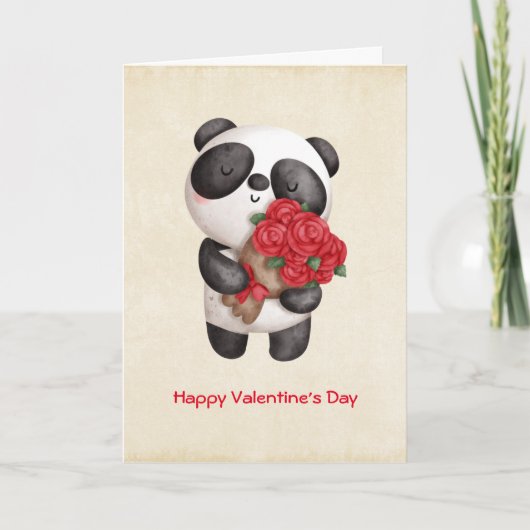 Cute Panda Beer met Rose Bouquet Valentijns Kaart (Voorkant)