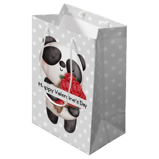 Cute Panda Beer met Rose Bouquet Valentijns Medium Cadeauzakje (Voorkant Gekanteld)
