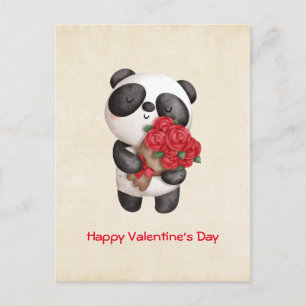 Cute Panda Beer met Rose Bouquet Valentijnsdag Feestdagenkaart