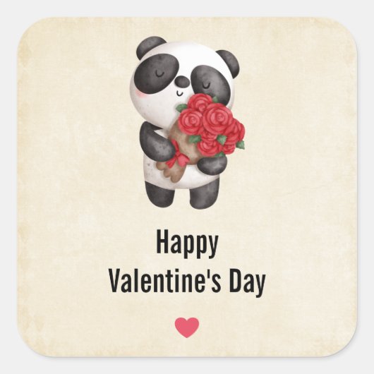 Cute Panda Beer met Rose Bouquet Valentijnsdag Vierkante Sticker (Voorkant)