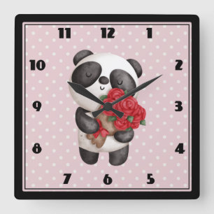 Cute Panda Beer met Rose Bouquet Vierkante Klok