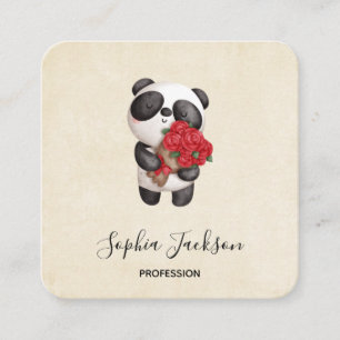 Cute Panda Beer met Rose Bouquet Vierkante Visitekaartje