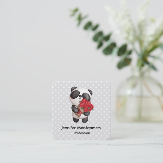 Cute Panda Beer met Rose Bouquet Vierkante Visitekaartje (Staand voorkant)