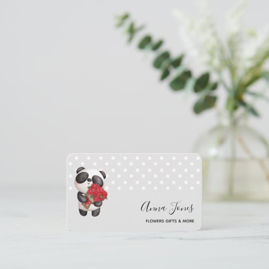 Cute Panda Beer met Rose Bouquet Visitekaartje (Staand voorkant)