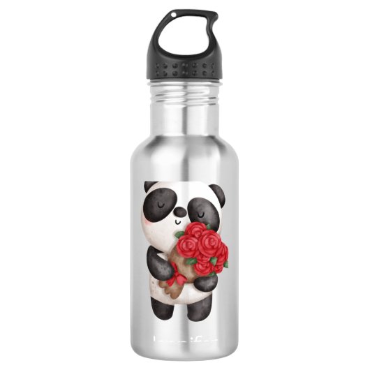 Cute Panda Beer met Rose Bouquet Waterfles (Voorkant)