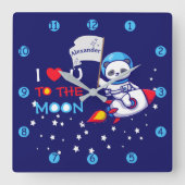 Cute Panda Beer on Rocket Ship Kinder Vierkante Klok (Voorkant)