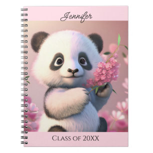 Cute Panda Beer roze bloemen personaliseren Naam G Notitieboek