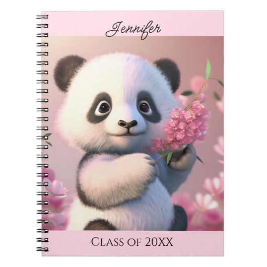 Cute Panda Beer roze bloemen personaliseren Naam G Notitieboek (Voorkant)