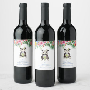 Cute Panda Beer Tropische Bloemen Frame Baby Showe Wijn Etiket