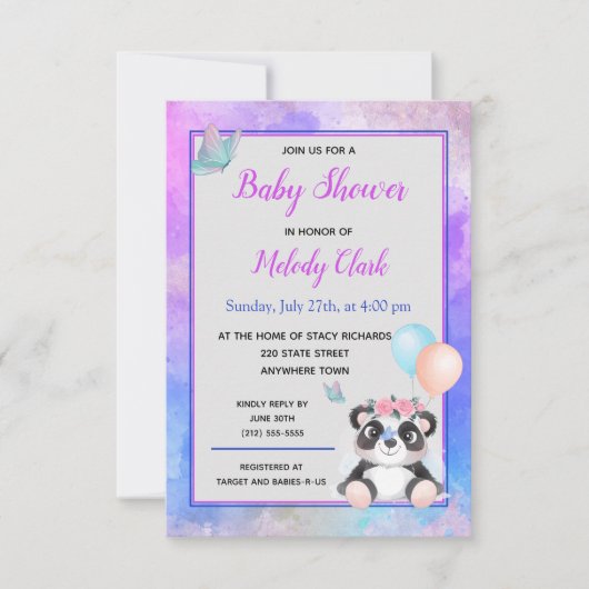 Cute Panda Beer Waterverf Baby shower Uitnodiging (Voorkant)