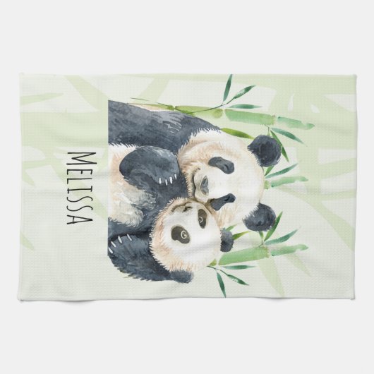 Cute Panda Beren Cuddling Waterverf Theedoek (Horizontaal)