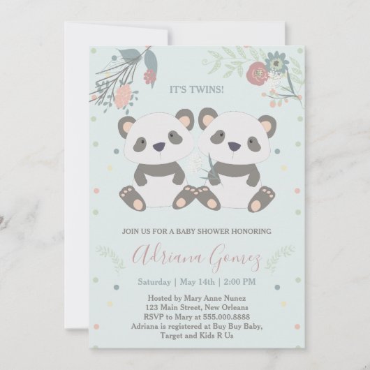 Cute Panda Beren Twins Baby shower Invitation Kaart (Voorkant)