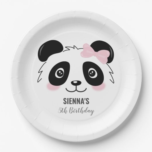 Cute Panda Birthday Baby Party Pink Black White Papieren Bordje (Voorkant)
