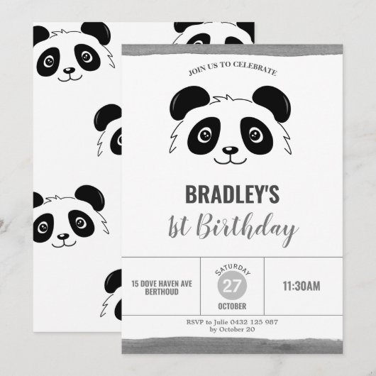 Cute Panda Birthday Party Black and White Kaart (Voorkant / Achterkant)